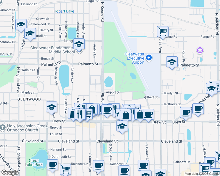 map of restaurants, bars, coffee shops, grocery stores, and more near 625 North Keene Road in Clearwater