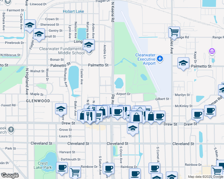 map of restaurants, bars, coffee shops, grocery stores, and more near 625 North Keene Road in Clearwater