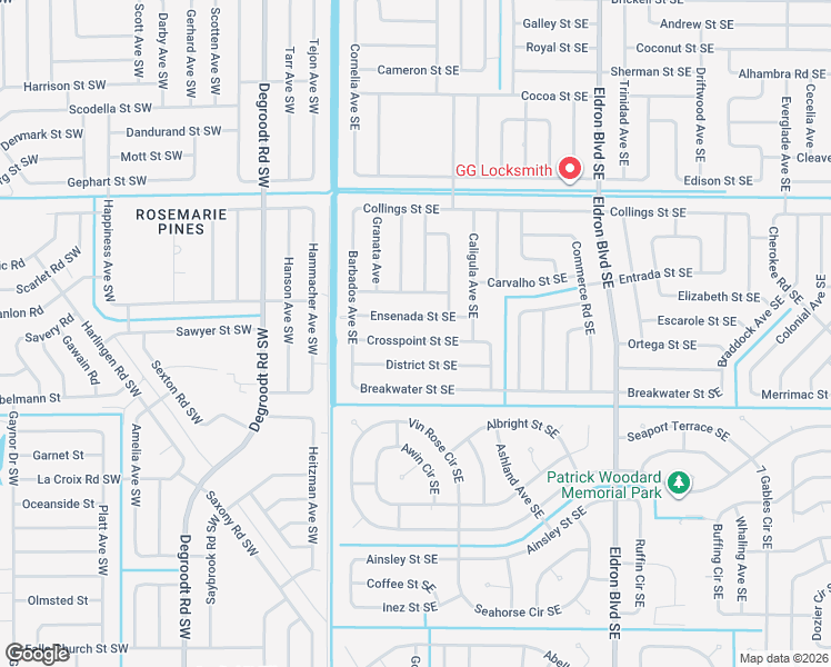 map of restaurants, bars, coffee shops, grocery stores, and more near 190 Crosspoint Street Southeast in Palm Bay