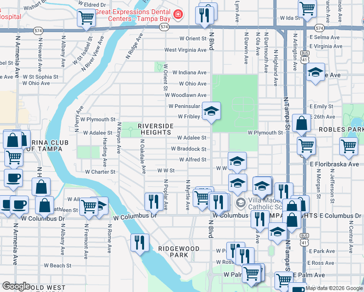 map of restaurants, bars, coffee shops, grocery stores, and more near 805 West Braddock Street in Tampa