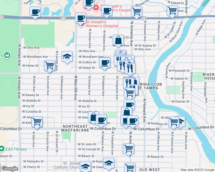 map of restaurants, bars, coffee shops, grocery stores, and more near 2713 West Leroy Street in Tampa