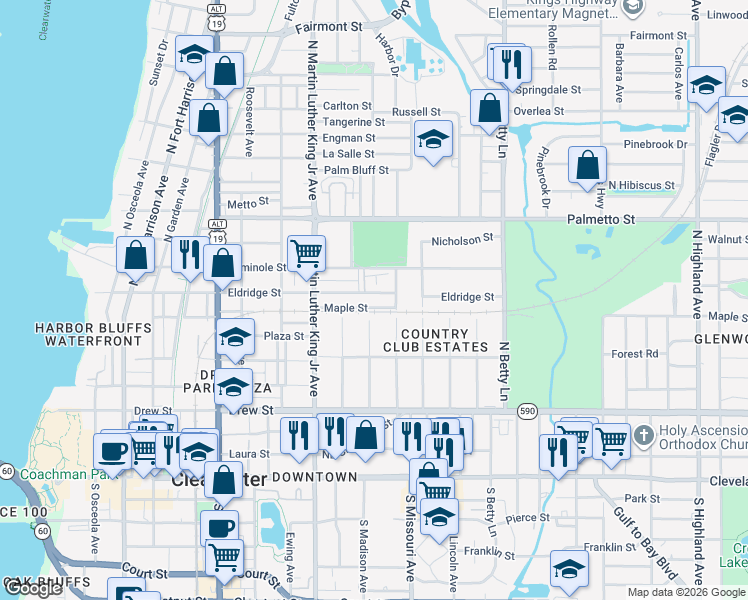map of restaurants, bars, coffee shops, grocery stores, and more near 1143 Eldridge Street in Clearwater