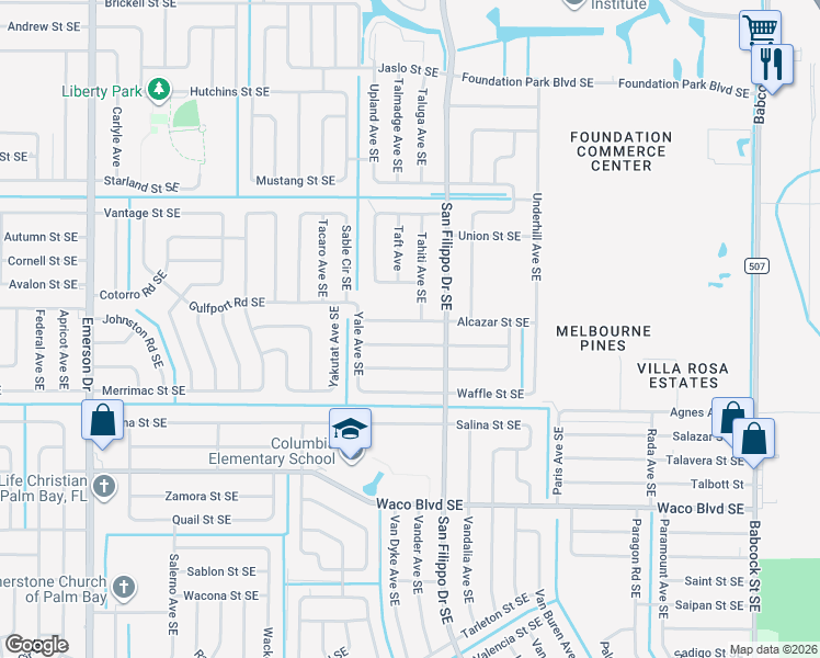 map of restaurants, bars, coffee shops, grocery stores, and more near 1279 Wade Street Southeast in Palm Bay