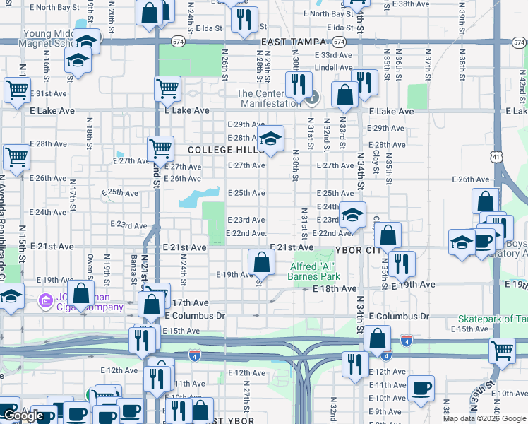 map of restaurants, bars, coffee shops, grocery stores, and more near 3206 North 29th Street in Tampa