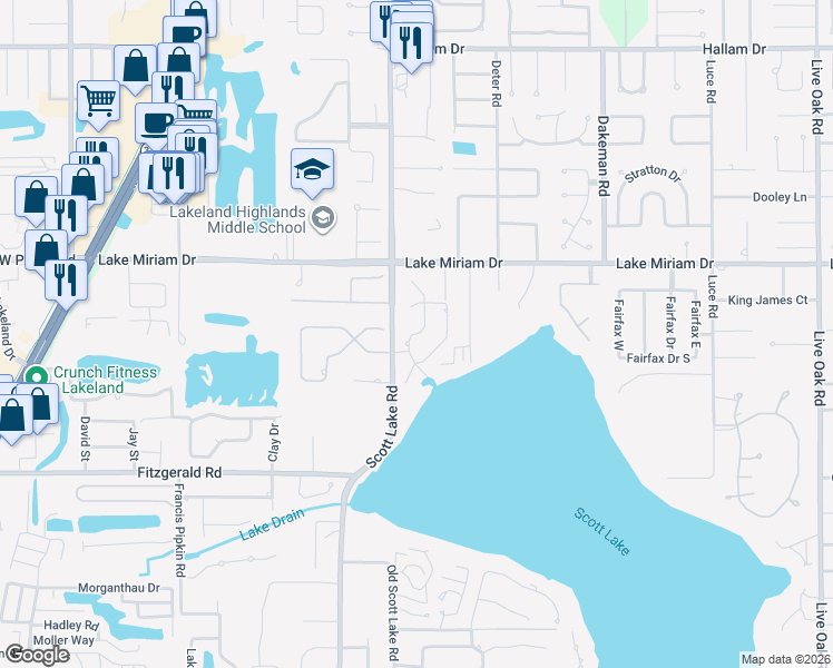 map of restaurants, bars, coffee shops, grocery stores, and more near 5077 Hanover Lane in Lakeland