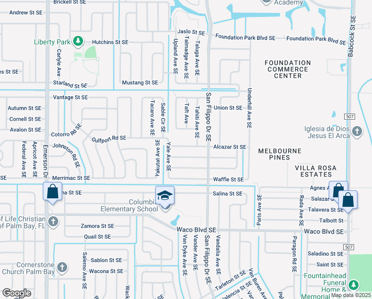 map of restaurants, bars, coffee shops, grocery stores, and more near 1231 Wade Street Southeast in Palm Bay