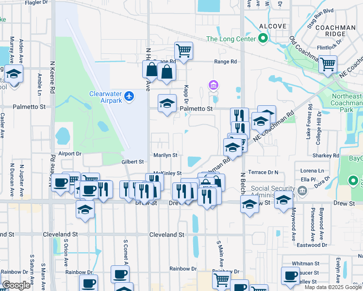 map of restaurants, bars, coffee shops, grocery stores, and more near 2060 Marilyn Street in Clearwater