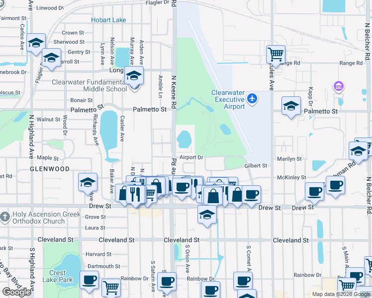 map of restaurants, bars, coffee shops, grocery stores, and more near 645 North Keene Road in Clearwater