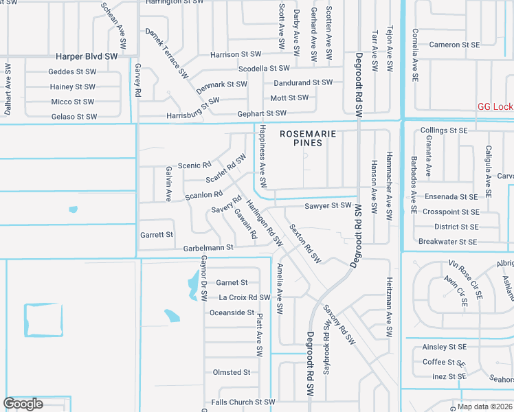 map of restaurants, bars, coffee shops, grocery stores, and more near 1113 Harlingen Road Southwest in Palm Bay