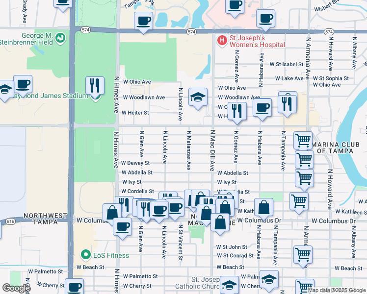 map of restaurants, bars, coffee shops, grocery stores, and more near 3205 West Leroy Street in Tampa