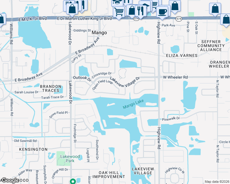 map of restaurants, bars, coffee shops, grocery stores, and more near 1744 Open Field Loop in Brandon