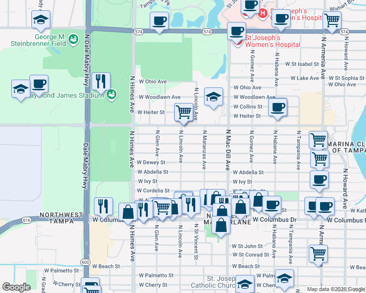 map of restaurants, bars, coffee shops, grocery stores, and more near 3223 West Leroy Street in Tampa
