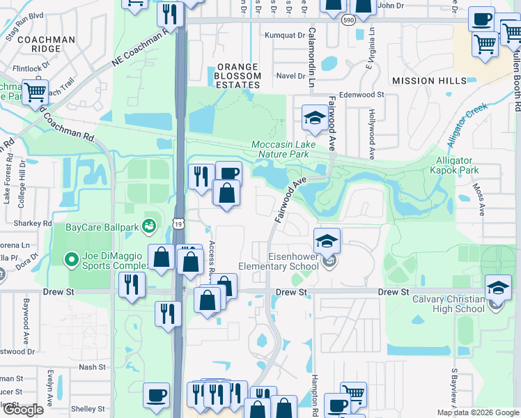 map of restaurants, bars, coffee shops, grocery stores, and more near 669 Fairwood Forest Drive in Clearwater