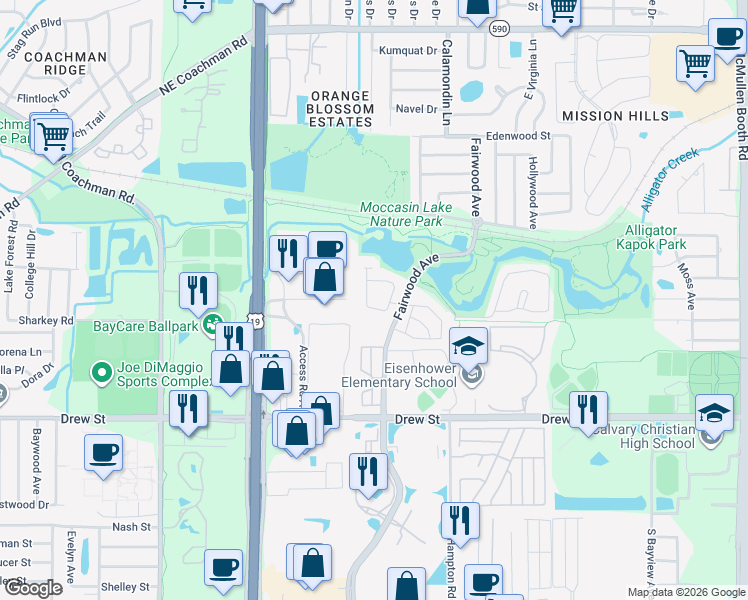map of restaurants, bars, coffee shops, grocery stores, and more near 669 Fairwood Forest Drive in Clearwater