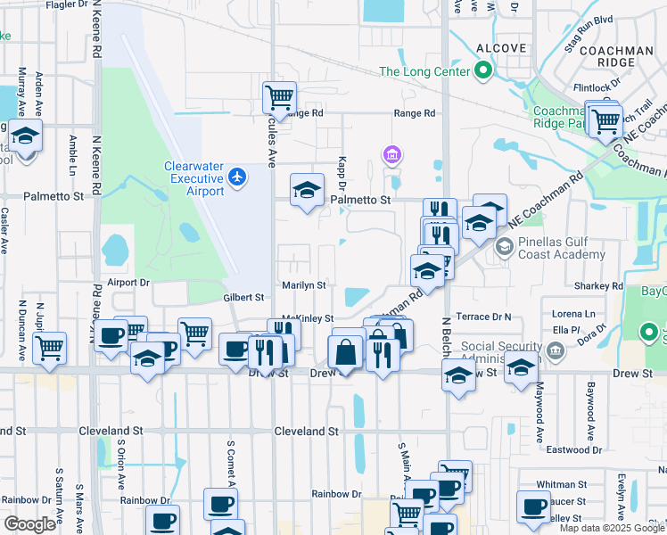 map of restaurants, bars, coffee shops, grocery stores, and more near 2060 Marilyn Street in Clearwater