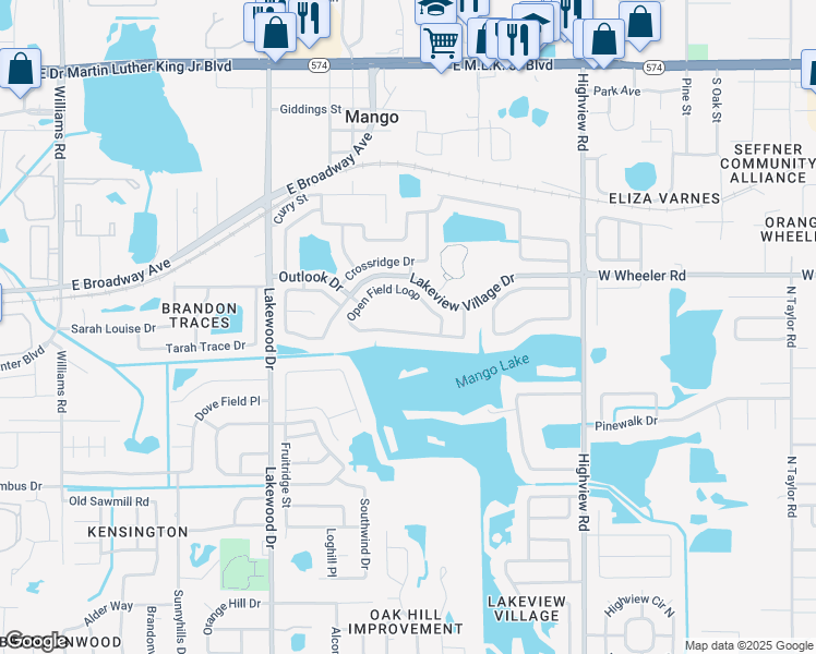 map of restaurants, bars, coffee shops, grocery stores, and more near 1743 Open Field Loop in Brandon