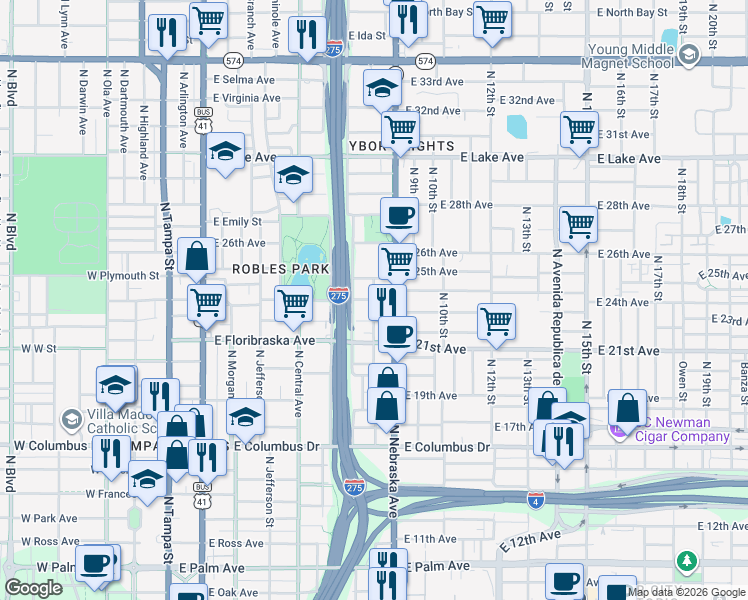 map of restaurants, bars, coffee shops, grocery stores, and more near 3199 N Mitchell Ave in Tampa