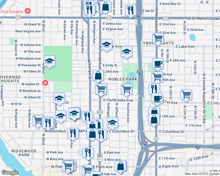 map of restaurants, bars, coffee shops, grocery stores, and more near 3011 North Morgan Street in Tampa