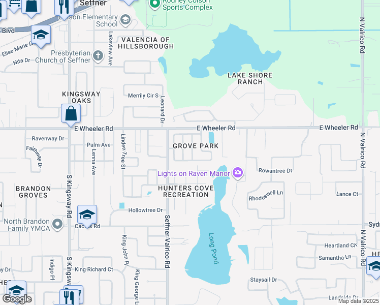 map of restaurants, bars, coffee shops, grocery stores, and more near 2613 Amberly Place in Seffner