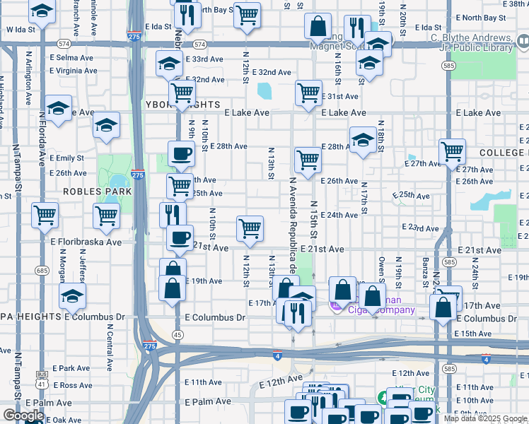 map of restaurants, bars, coffee shops, grocery stores, and more near 1215 East 24th Avenue in Tampa