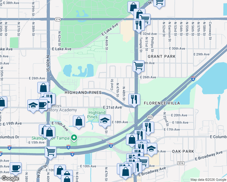 map of restaurants, bars, coffee shops, grocery stores, and more near 4604 East 22nd Avenue in Tampa
