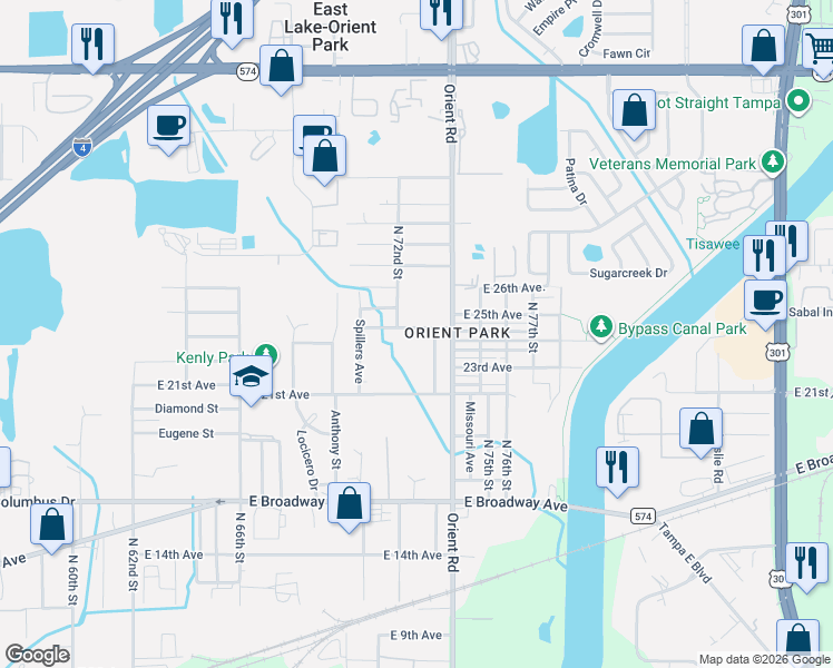 map of restaurants, bars, coffee shops, grocery stores, and more near 3016 North 73rd Street in Tampa