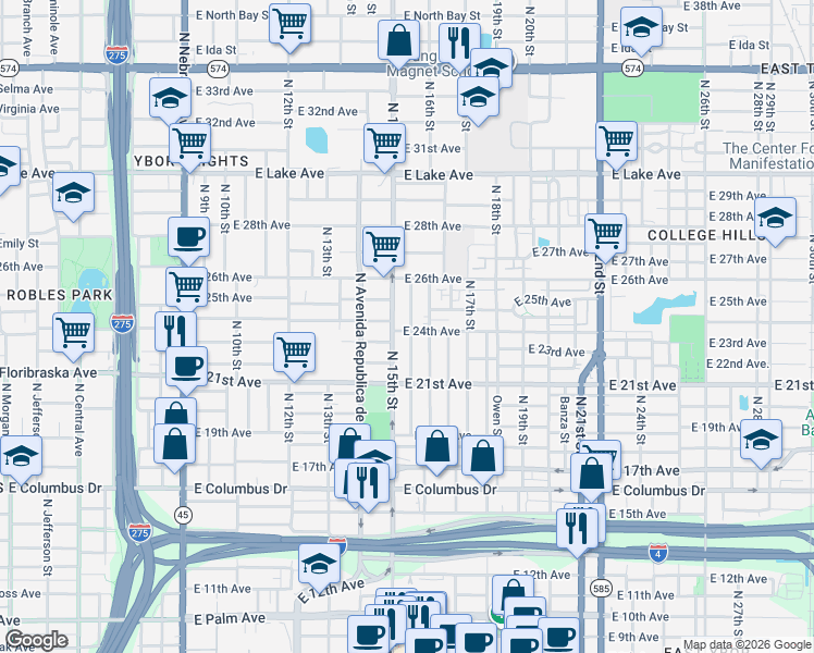 map of restaurants, bars, coffee shops, grocery stores, and more near 3108 North 15th Street in Tampa