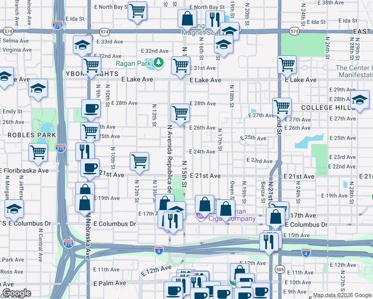 map of restaurants, bars, coffee shops, grocery stores, and more near 3108 North 15th Street in Tampa