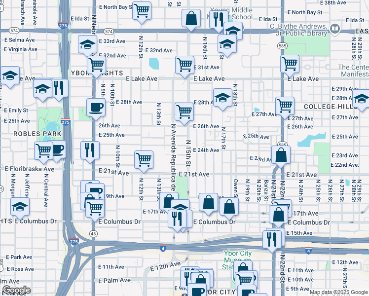map of restaurants, bars, coffee shops, grocery stores, and more near 3108 North 15th Street in Tampa