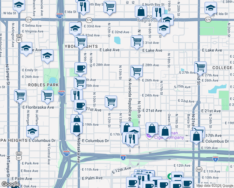 map of restaurants, bars, coffee shops, grocery stores, and more near 1215 East 24th Avenue in Tampa