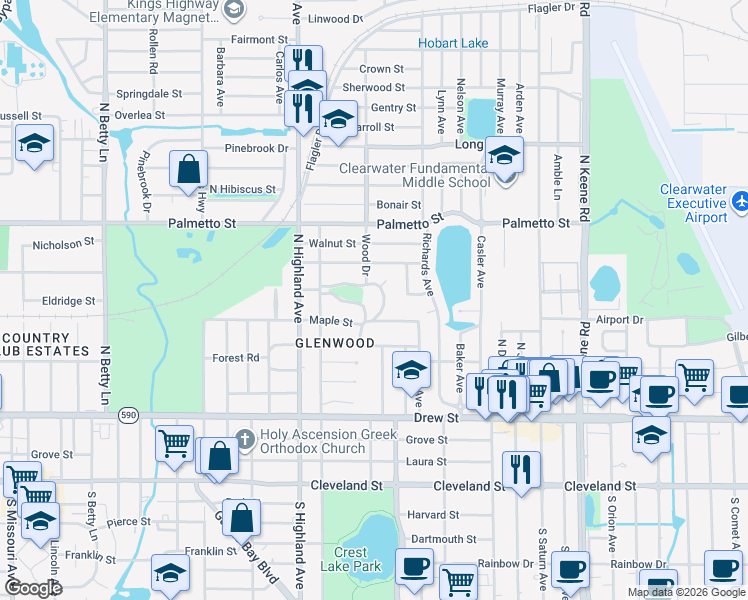 map of restaurants, bars, coffee shops, grocery stores, and more near 1570 Maple Street in Clearwater