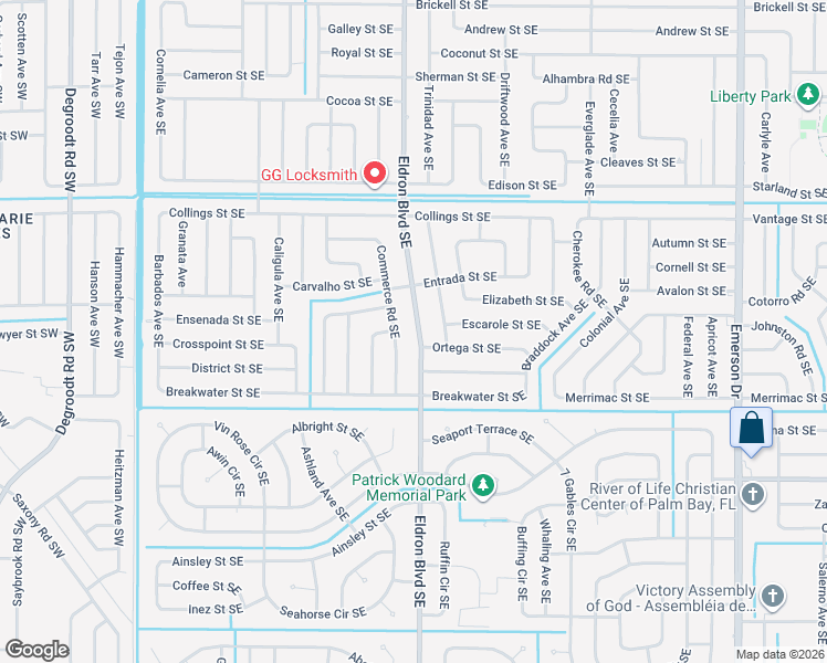 map of restaurants, bars, coffee shops, grocery stores, and more near 1080 Eldron Boulevard Southeast in Palm Bay