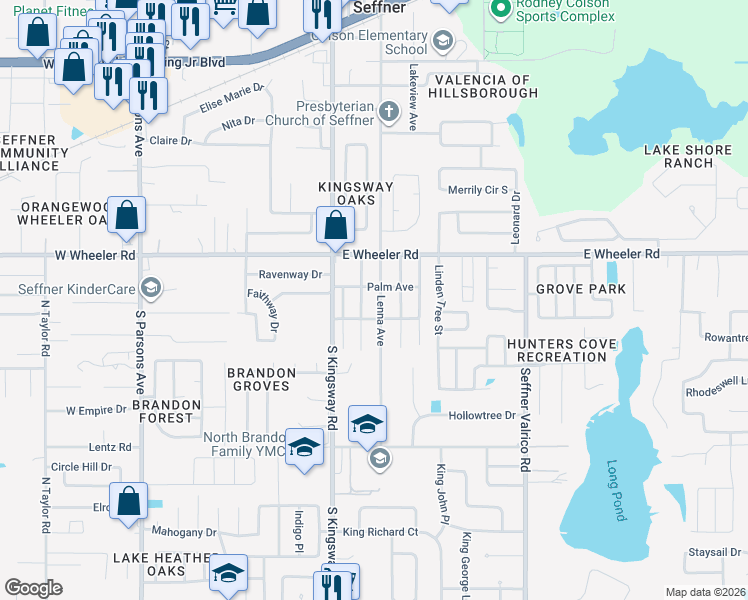 map of restaurants, bars, coffee shops, grocery stores, and more near 2517 Giddens Avenue in Seffner