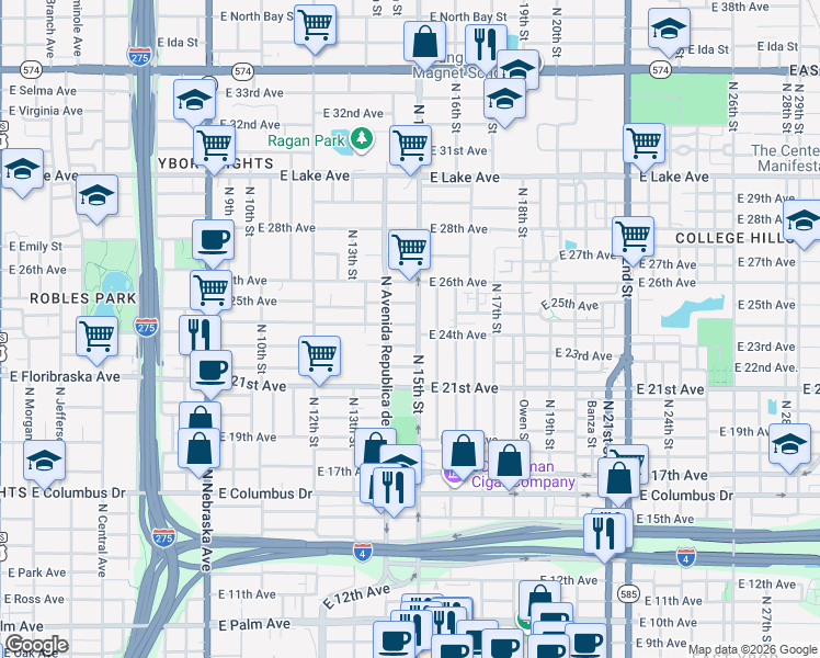 map of restaurants, bars, coffee shops, grocery stores, and more near 3108 North 15th Street in Tampa
