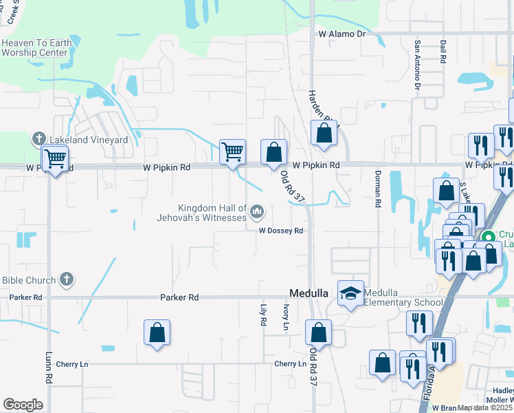 map of restaurants, bars, coffee shops, grocery stores, and more near 5124 South Dossey Road in Lakeland