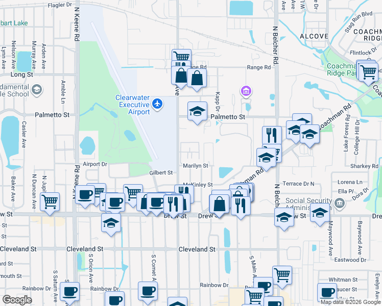 map of restaurants, bars, coffee shops, grocery stores, and more near 601 North Hercules Avenue in Clearwater