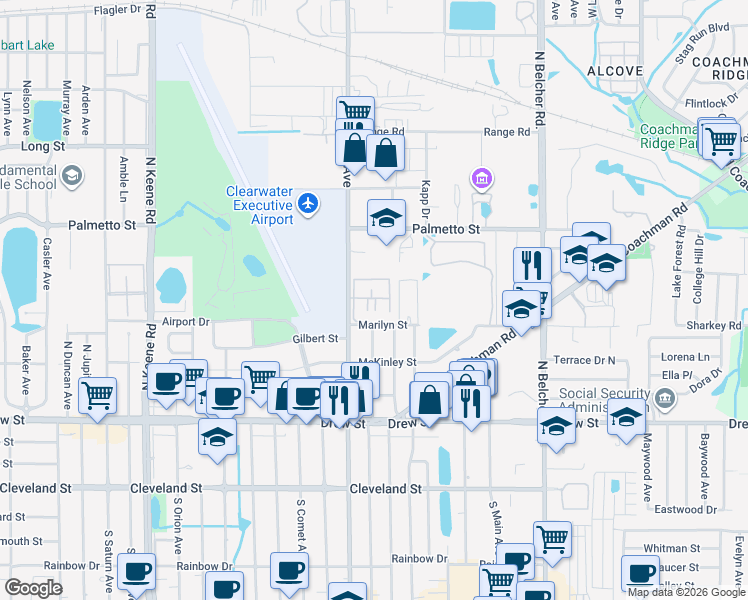 map of restaurants, bars, coffee shops, grocery stores, and more near 3 Marilyn Street in Clearwater