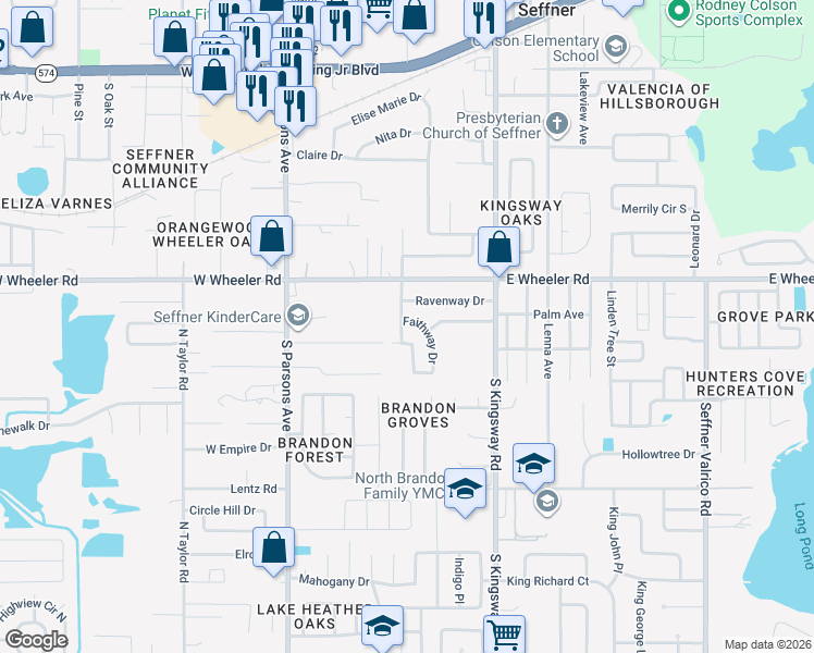 map of restaurants, bars, coffee shops, grocery stores, and more near 201 Faithway Drive in Seffner