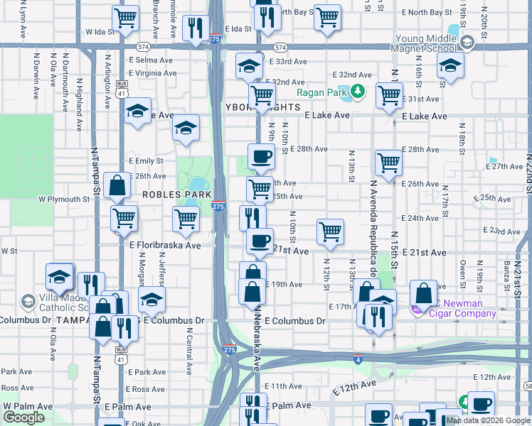 map of restaurants, bars, coffee shops, grocery stores, and more near 906 East 23rd Avenue in Tampa