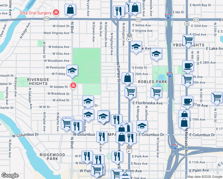 map of restaurants, bars, coffee shops, grocery stores, and more near 3010 North Highland Avenue in Tampa