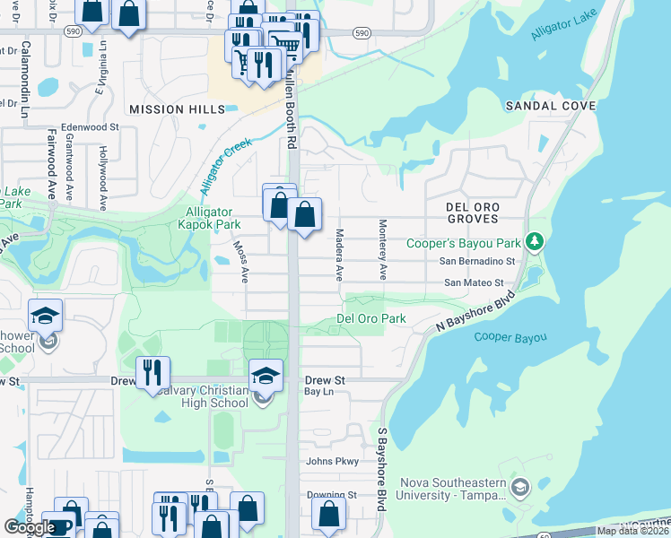 map of restaurants, bars, coffee shops, grocery stores, and more near 608 Madera Avenue in Clearwater