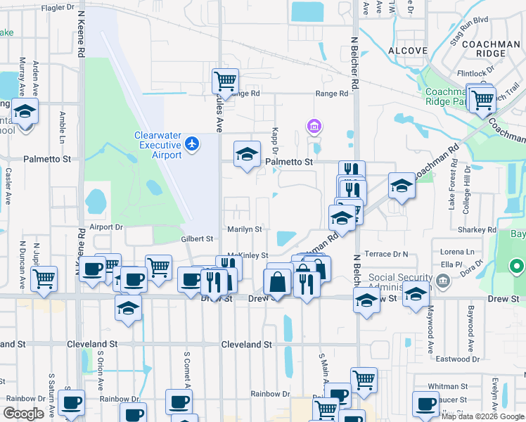 map of restaurants, bars, coffee shops, grocery stores, and more near 2060 Marilyn Street in Clearwater