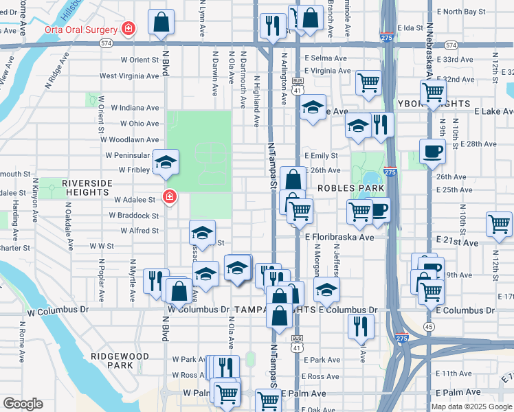 map of restaurants, bars, coffee shops, grocery stores, and more near 3010 North Highland Avenue in Tampa