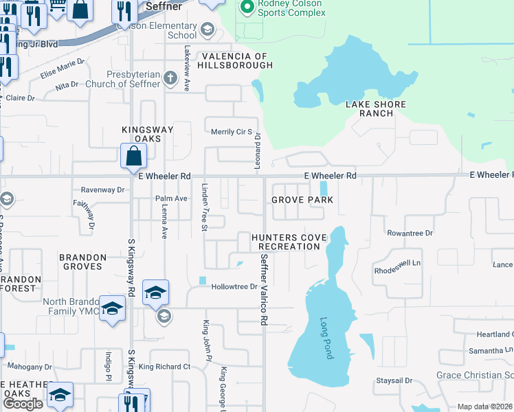 map of restaurants, bars, coffee shops, grocery stores, and more near 2519 Wheeler Groves Drive in Seffner