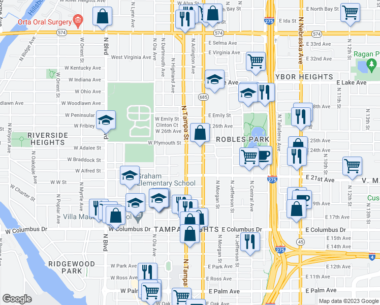 map of restaurants, bars, coffee shops, grocery stores, and more near 104 East Adalee Street in Tampa