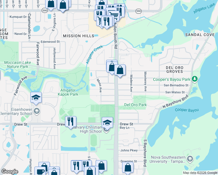 map of restaurants, bars, coffee shops, grocery stores, and more near 3059 Grand View Avenue in Clearwater