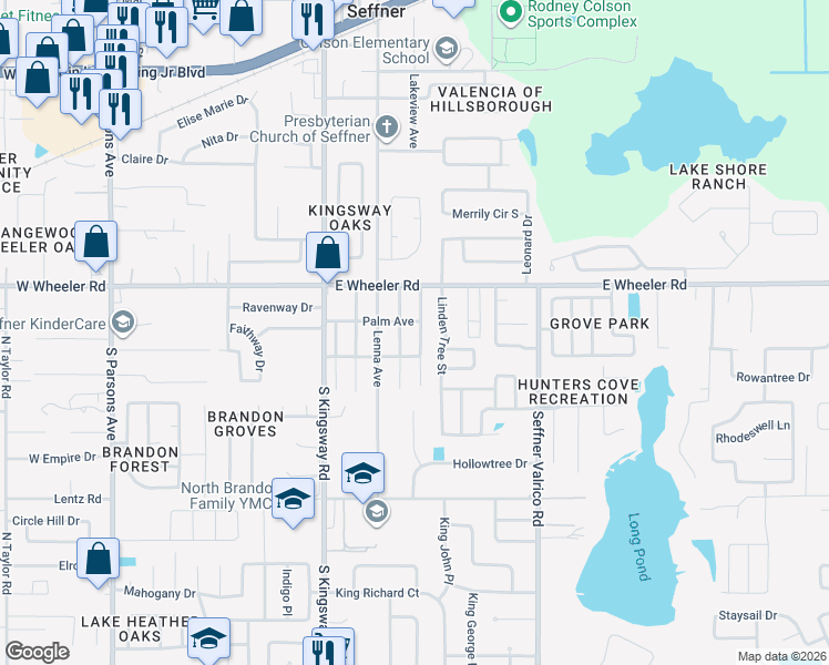 map of restaurants, bars, coffee shops, grocery stores, and more near 2503 Elm Street in Seffner