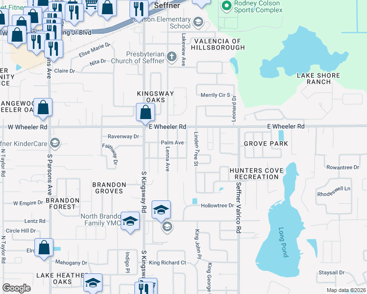 map of restaurants, bars, coffee shops, grocery stores, and more near 2503 Elm Street in Seffner