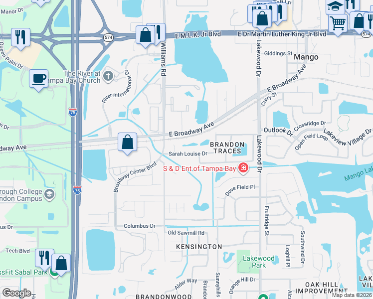 map of restaurants, bars, coffee shops, grocery stores, and more near 1923 Sarah Louise Drive in Brandon