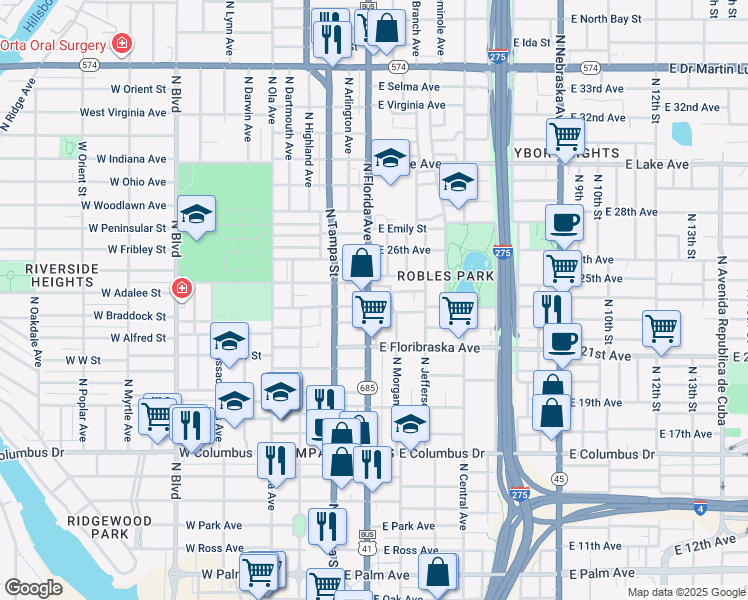 map of restaurants, bars, coffee shops, grocery stores, and more near 3033 U.S. 41 Business in Tampa